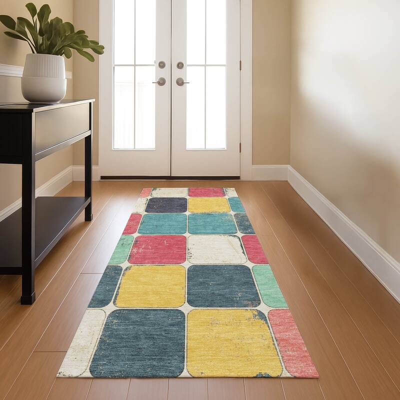 Premium Washable Super Soft Modern Blocks Mayfield Rug - Teal - 2'3" x 7'6"