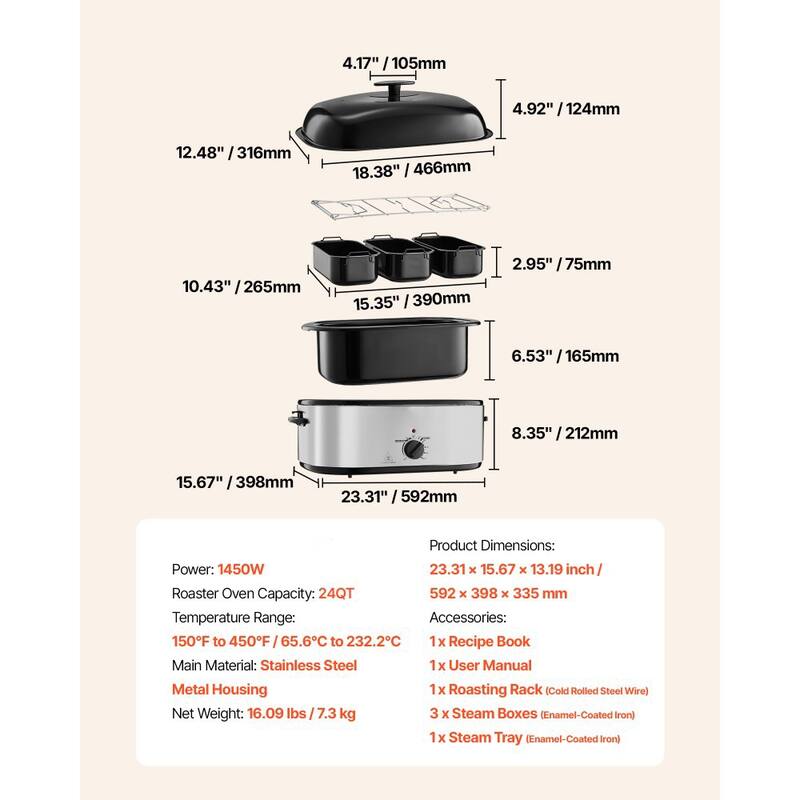 Black-Silver 24QT Electric Roaster Oven with Lid and Self-Basting Tray - 23.31 x 15.67 x 13.19 inch