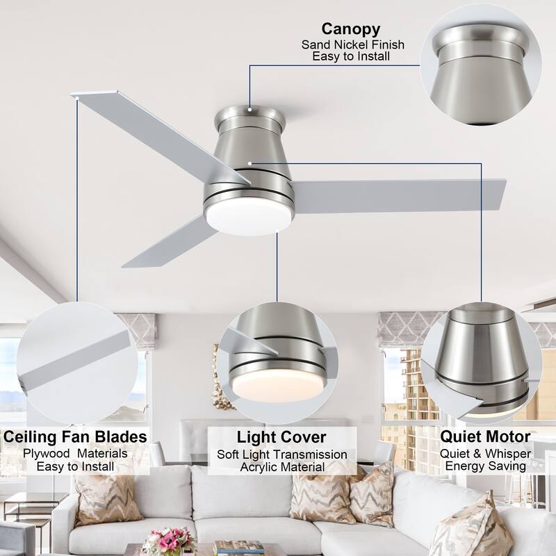 YUHAO AeroLite 48 in. Indoor White Low Profile Standard Ceiling Fan with Bright White Integrated LED Light Kit, Remote Included