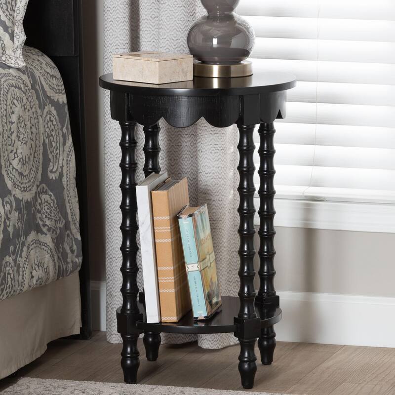 Sally Round Nightstand with Bamboo Inspired Legs - Scalloped Bedroom Side Table with Open Shelf