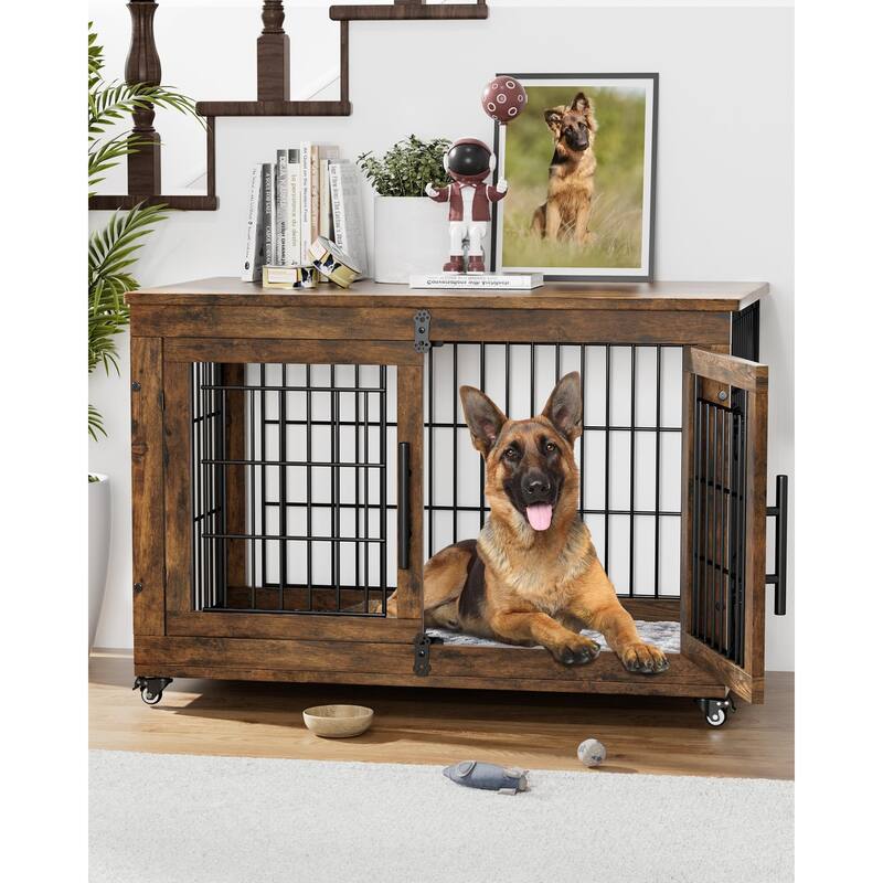 Dog Crate Furniture with Cushion Double Doors Wooden Dog Kennel -  38.5"L x 25.2"W x 26.8"H. - Rustic Brown
