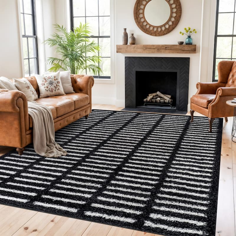 Bohemian Stripe Lines Shag Rug - Textured Surface - Anthracite Dark Gray - Easy to Clean - Anthracite - 7' 10" x 10'