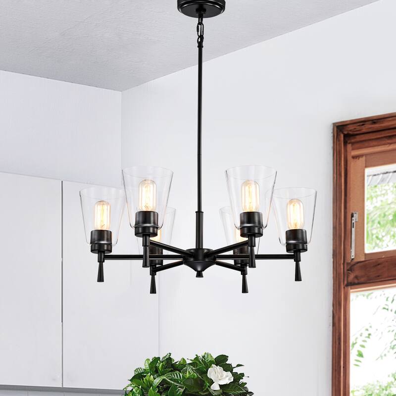 Matte Black 6-Light Modern Chandelier with Clear Cone Glass Shades