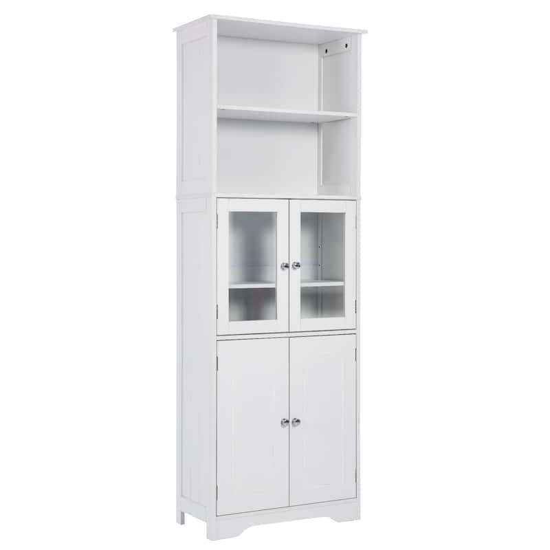 4-Door Bathroom Storage Cabinet 64" High Bathroom Floor-to-ceiling Cabinet Towel Cabinet with Open Storage Rack Glass Door