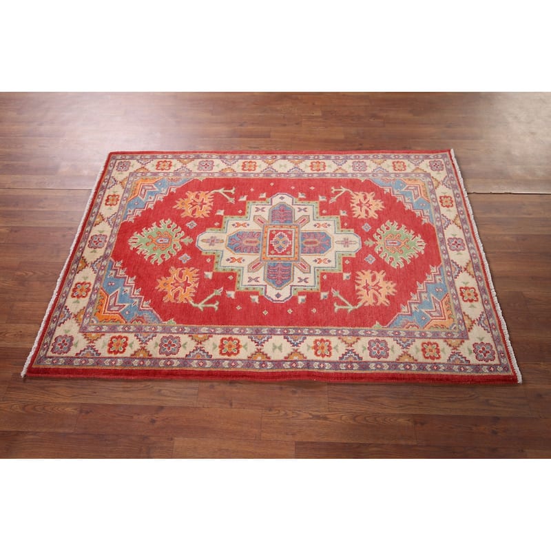 Geometric Kazak Accent Rug Hand-Knotted Traditional Wool Carpet - 3'5" x 5'2"