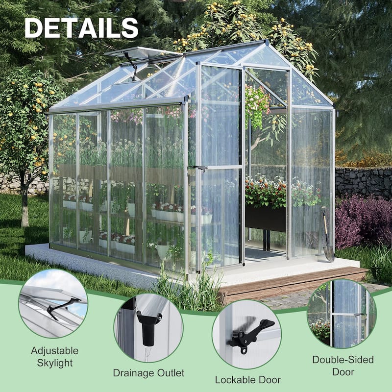 Aoodor 6' x 8' Polycarbonate Walk-in Greenhouse with Aluminum Frame and Roof Vent