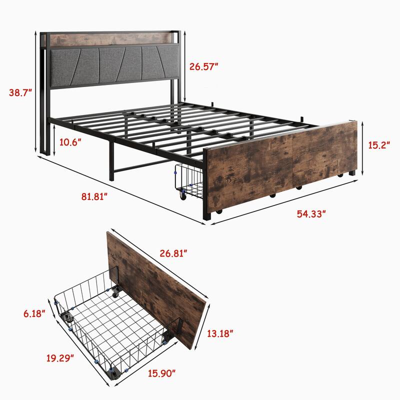 Bed Frame, Storage Headboard with Charging Station and 2 Drawers