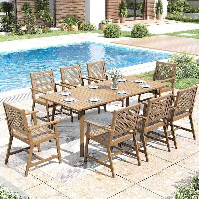 MAISON ARTS 7/9-Piece Acacia Wood Outdoor Dining Set, Teak Wooden Table & Dining Chairs with Wicker Seat and Back - 9-Piece Light Brown