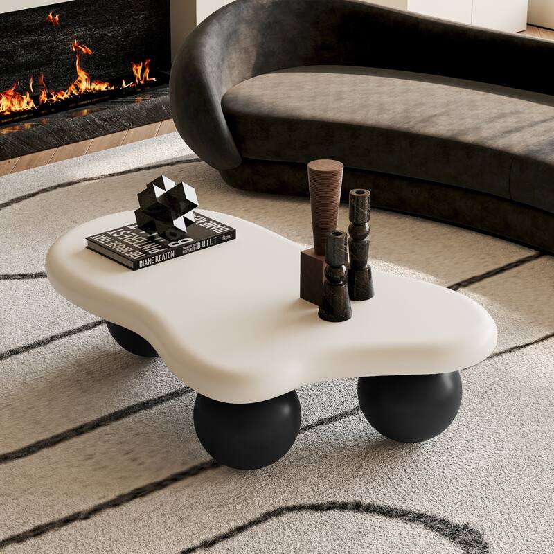 40" Cloud Shaped Coffee Table with 3 Ball Legs - White Top+Black Legs-40"