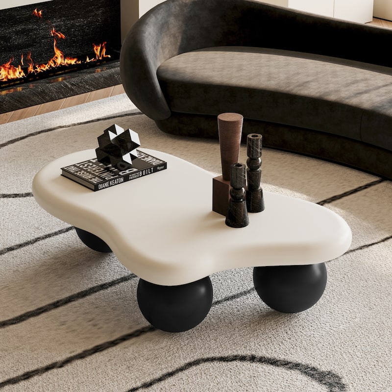40 Inch Cloud Shaped Coffee Table with 3 Ball Legs for Living Room - White Black