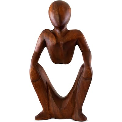 12" Wooden Handmade Abstract Sculpture Statue Handcrafted "Squatting Man" Gift Home Decor Figurine Accent Artwork Hand Carved