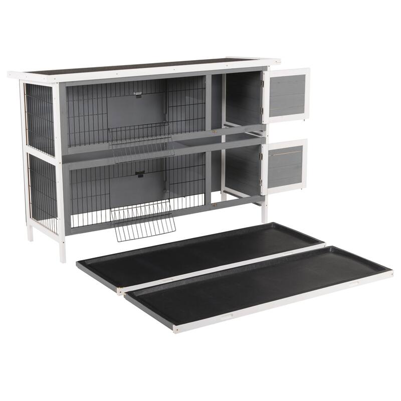 Dark Grey Fir Wood Bunny Hutch with Metal Wire, Dual Cages and Roof - 53.75" L x 19.75" W x 36.5" H