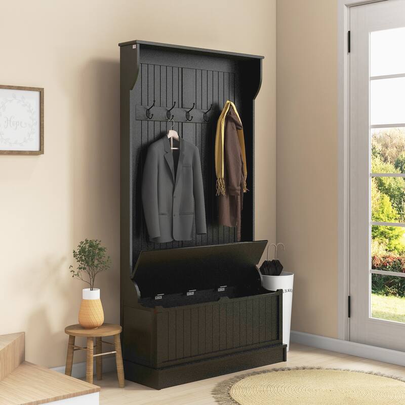 Modern Coat Rack with Anti-Tip Device Storage Bench 5 Hooks and Shoe Cabinet, for Entry and Hallway, Distressed White