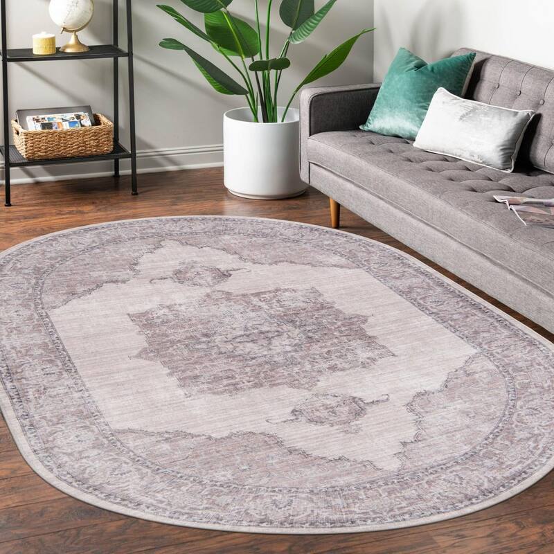 Traditional Shara Collection Area Rug - 5'3"x7'10" Oval - Ivory-Gray