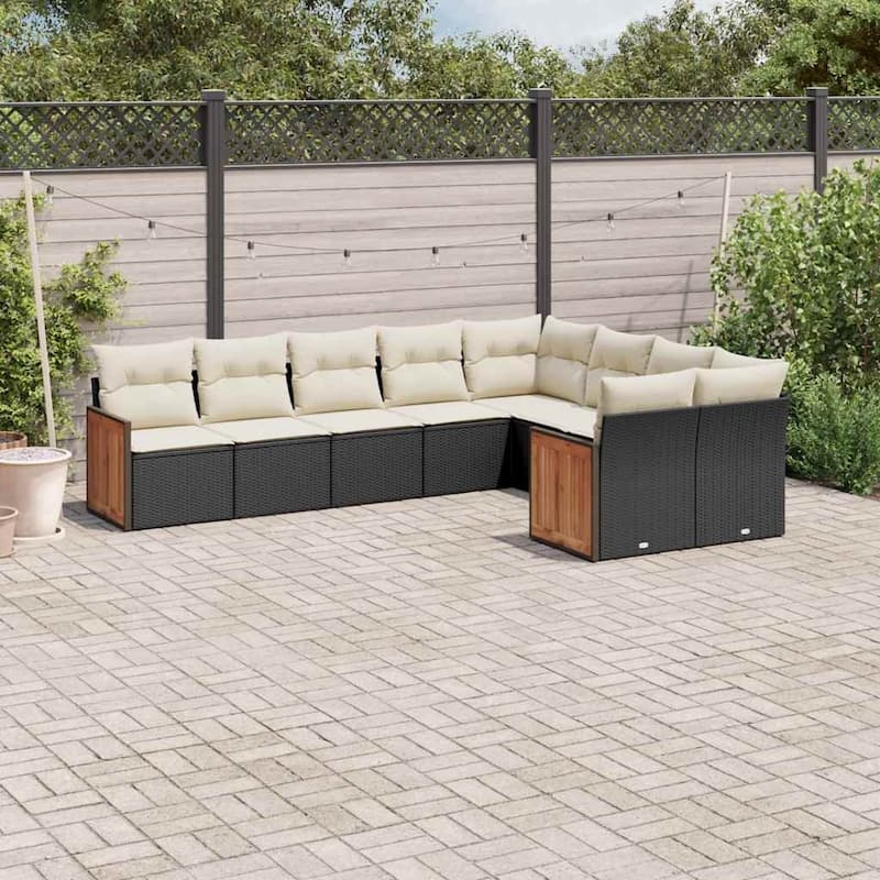 vidaXL Patio Sofa Set with Cushions Outdoor Conversation Furniture Poly Rattan - Black and cream without table - 24.4 x 24.4 x 27.2 in