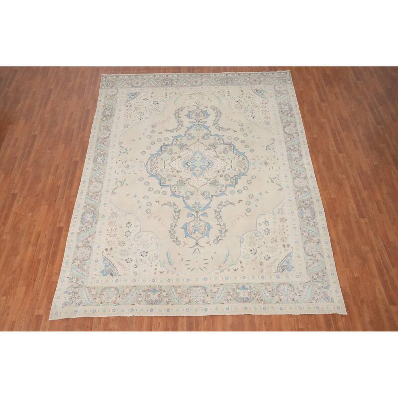 Hand Knotted Oriental 100% Wool Carpet Traditional Floral Beige & Ivories Tabriz Area Rug - 12' 6'' X 9' 9''