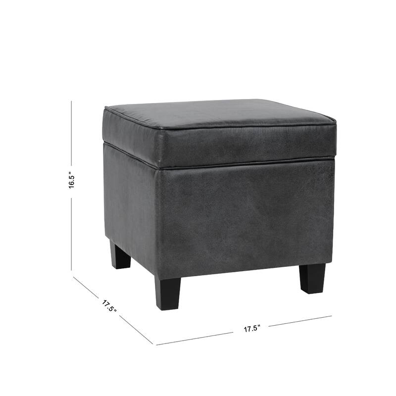 Pyp Square Storage Ottoman, 18 Inch Dark Gray Faux Leather, Black Wood