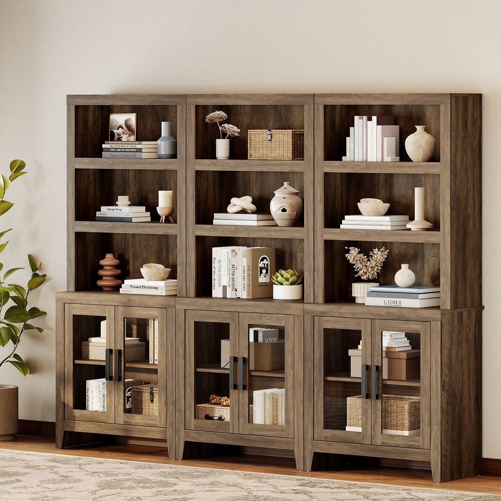 WAMPAT 3 Tier Bookshelf with Glass Door, 74" Tall Bookcase with Adjustable Shelf and Storage Cabinet, Farmhouse Wooden Bookshelf
