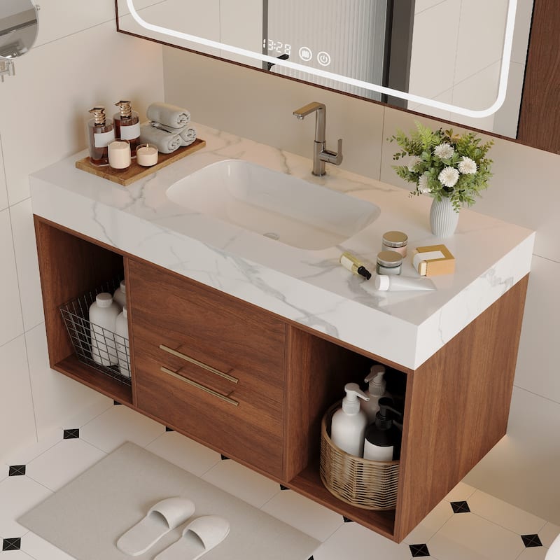 Modern Wall Mounted Bathroom Vanity Floating Storage Cabinet with Ceramic Sink, Faux Marble Countertop, Drawers and Open Shelves