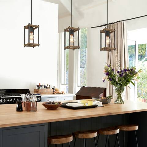 Modern Farmhouse 1-Light Lantern Wood Grain Kitchen Island Pendant Lights - L5'' x W5'' x H70''