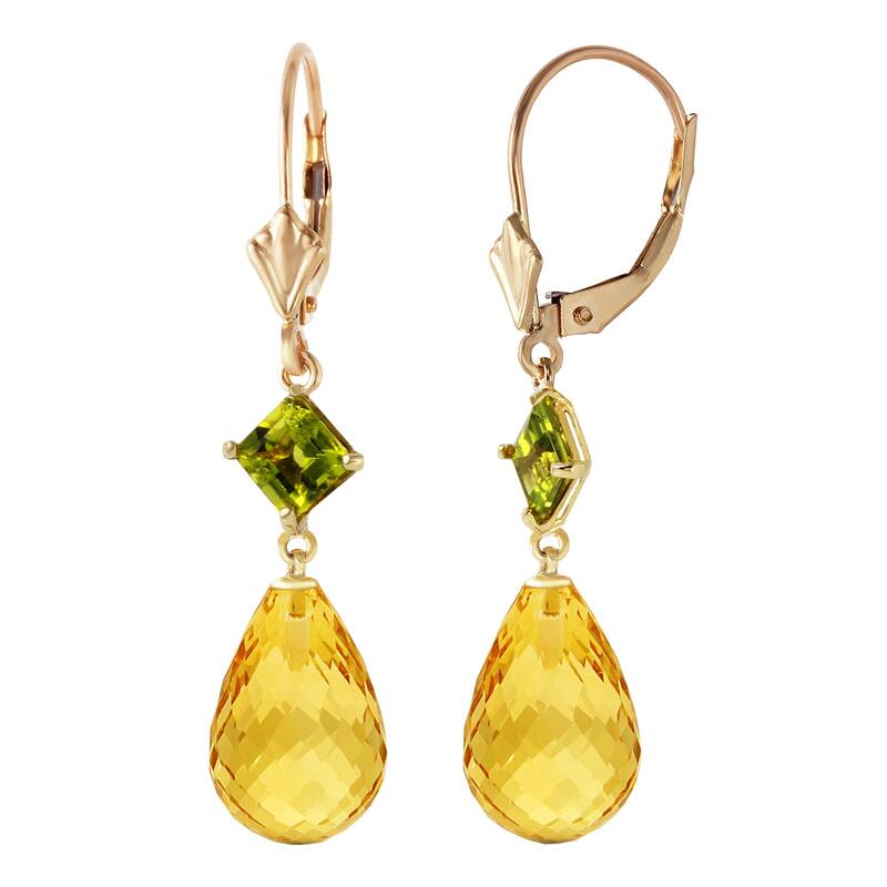 14K Solid Gold Leverback Gemstone Earrings Peridot & Citrine Certified - Yellow