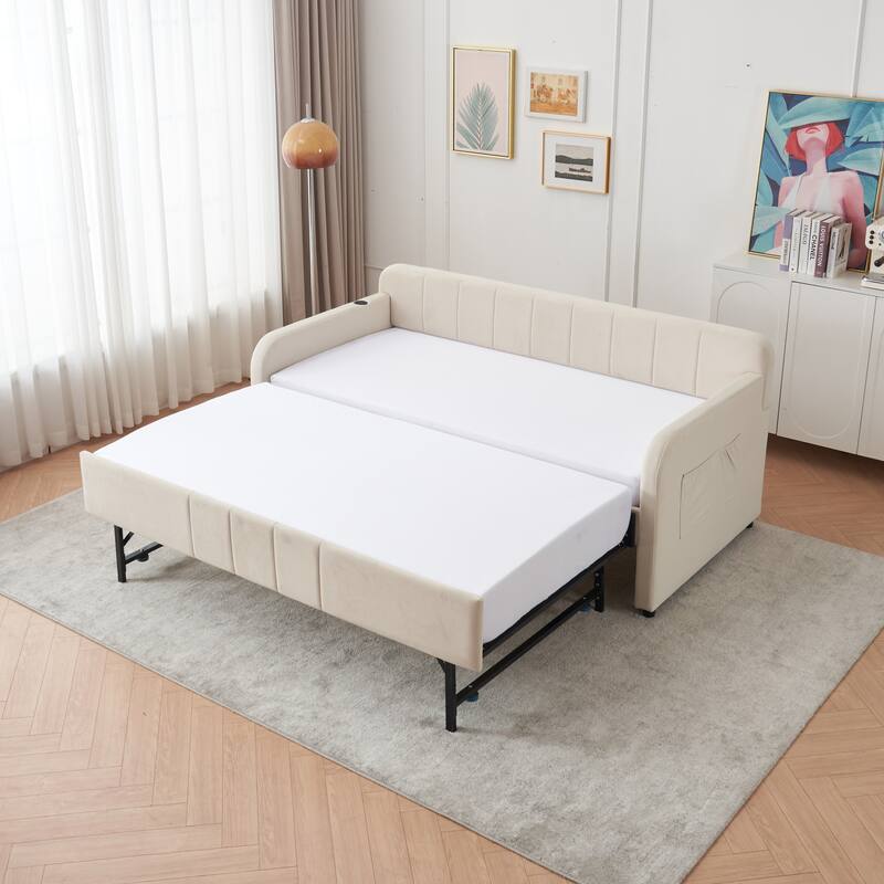 Twin Size Velvet Upholstered Daybed, Wood Sofa Bed Frame Daybed Couch with Trundle Bed and Wood Slat