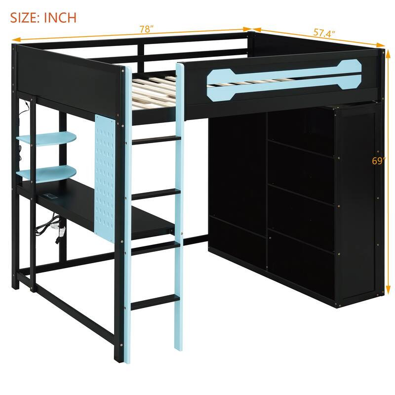 Full Size Gaming Loft Bed with Desk & Wardrobe, Wooden Storage Bed with RGB LED Lighting, Charging Station