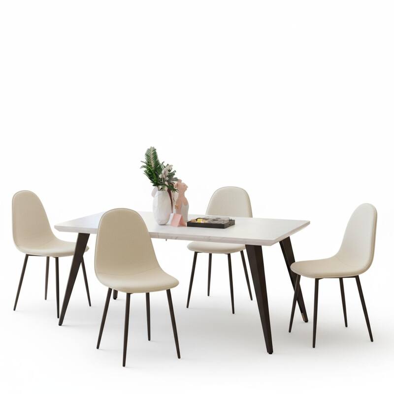 Homy Casa 5-Piece Dining Room Set with Modern White Table and 4 Upholstered Side Chairs - Tan