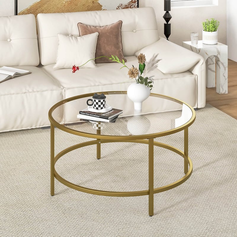 Costway 36'' Round Coffee Table Tempered Glass Tabletop Metal Frame - See Details