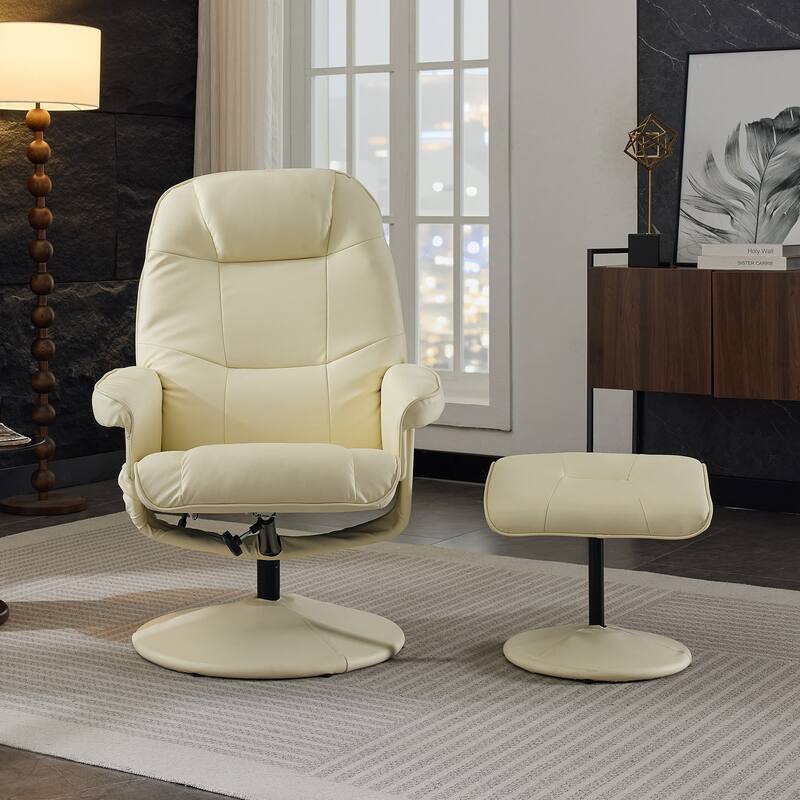 Massage Recliner Chair with Ottoman, 360° Swivel PU Leather Reclining Chair with Wrapped Base, 5 Point Vibration Massag