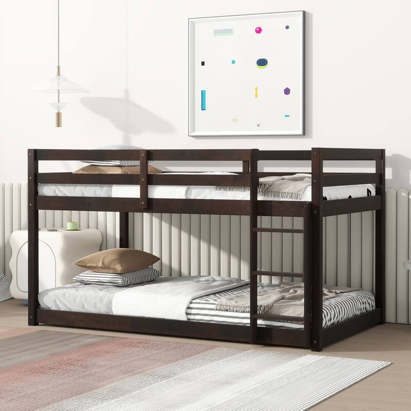 Low Loft Bed with Ladder, Solid Rubber Wooden Bed Frame for Multi Children, Floor Bed - Available with or without Slats - Espresso with Slats Floor - Twin