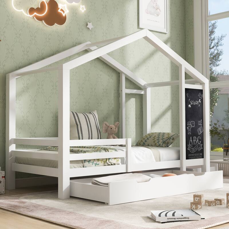 House Bed with Blackboard and Drawers, 2 Assembly Options