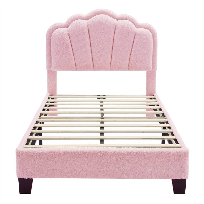 Upholstered Platform Bed with Flower-Shaped Headboard & LED Light Strip, Twin/Full Size Sherpa Fabric Bed Frame w/ Slats Support