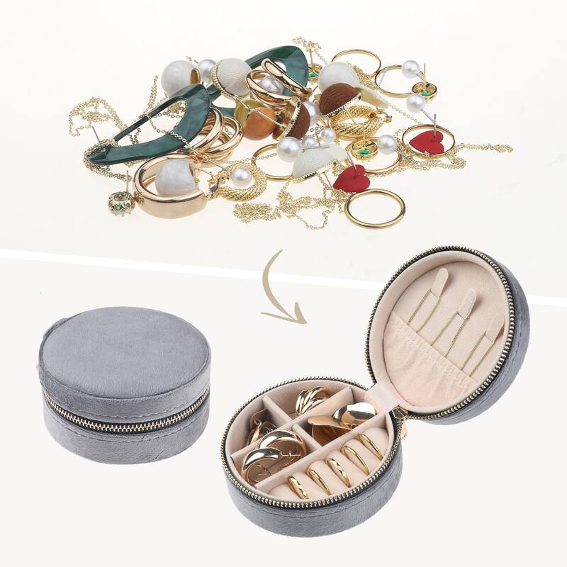 Travel Jewelry Box for Women, Teen Girl Gifts, Small Portable Plush Velvet Jewelry Organizer Case Storage Display Holder - Grey