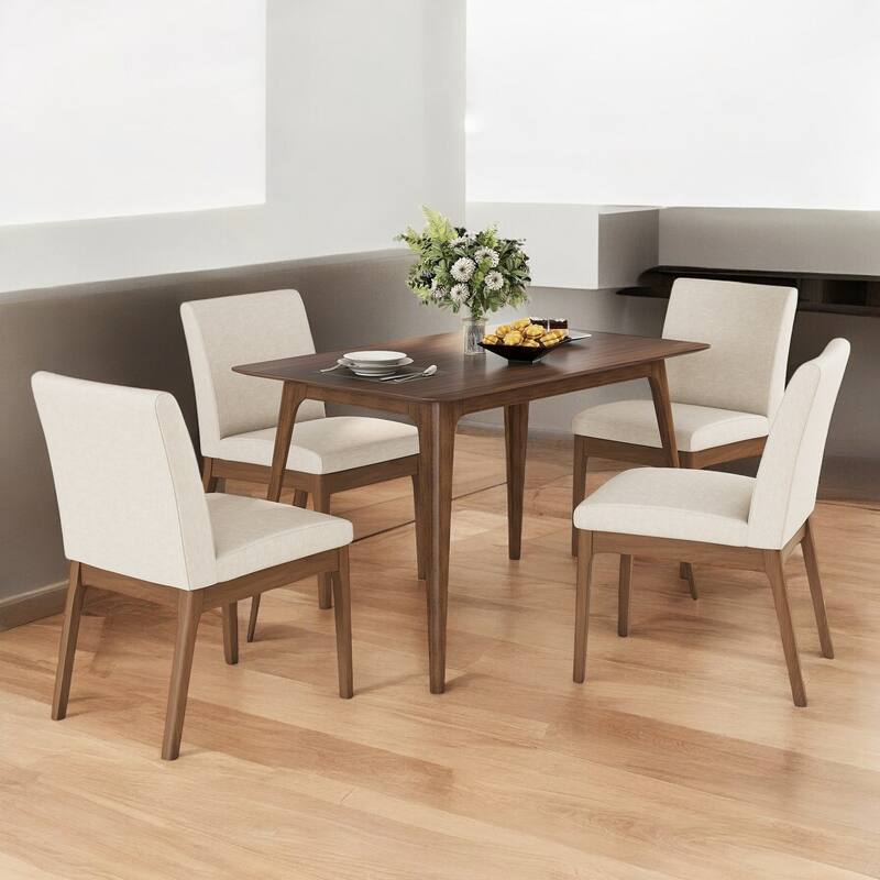 Modern 5-Piece Dining Table Set with 4 Upholstered Chairs - Solid Rubberwood Frame for Small Dining Spaces and Kitchen - Light beige,Walnut