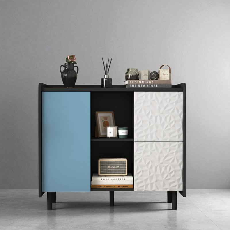 35" Modern Black Buffet Storage Cabinet with Unique Drawer Panels, 2 Doors and Open Shelves, Accent Sideboard - Black Blue