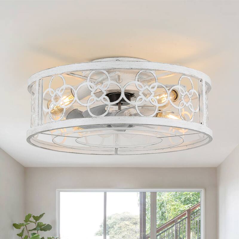 20" Oaks Aura Modern Farmhouse Distressed White Ceiling Fan with Light, Flush Mount Caged Ceiling Fan with Remote for Bedroom