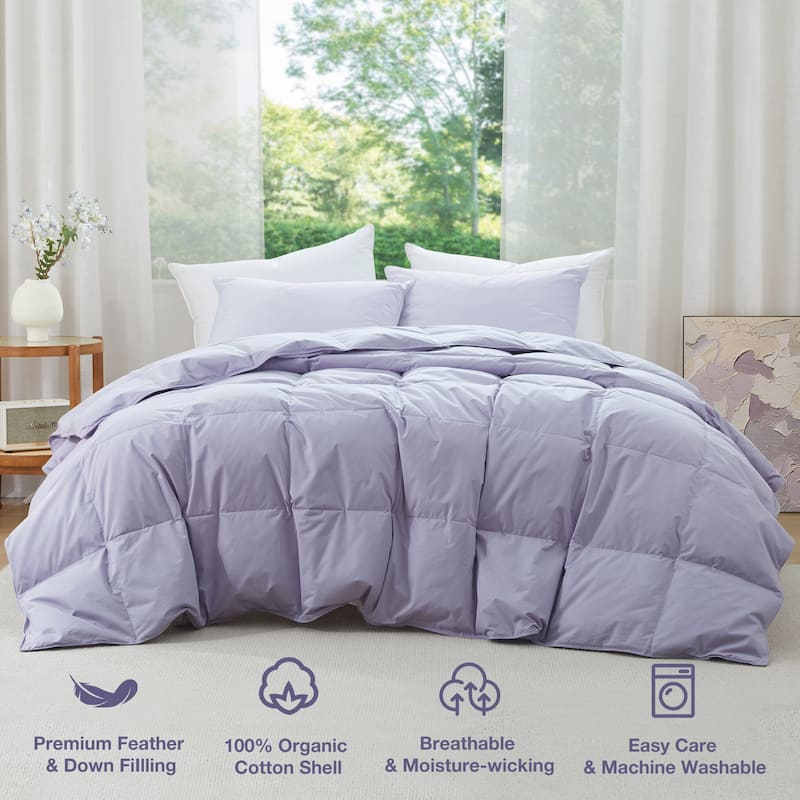 Lightweight 100% Organic Cotton Feather Down Comforter Summer Duvet Insert - Full - Queen - Purple