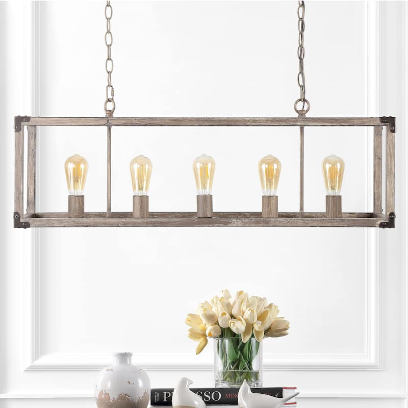 Zeniba 36" 5-Light Linear Adjustable Iron Rustic Farmhouse LED Pendant, Brown by JONATHAN Y