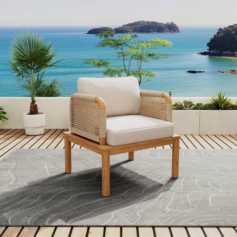 Outdoor Acacia Wood and Rope Club Chair with Cushions - Teak+ Beige