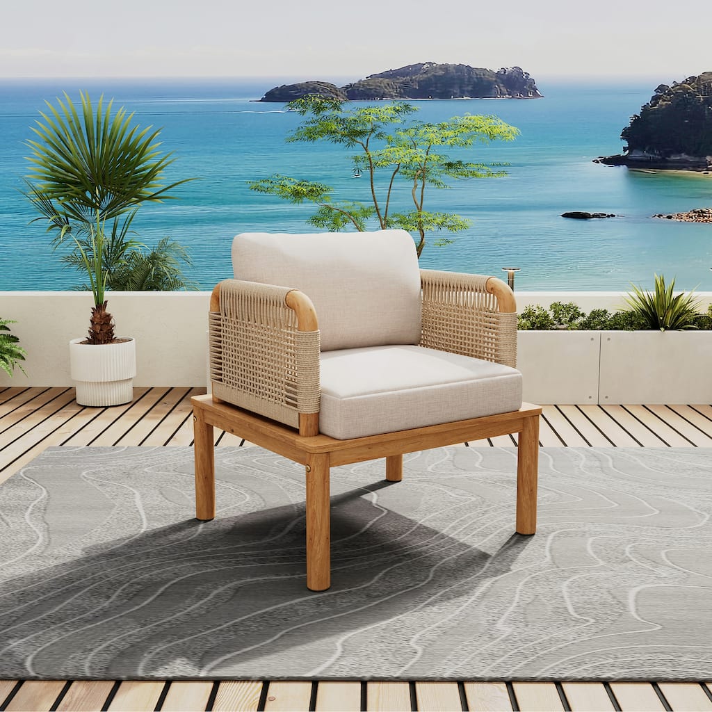 Outdoor Acacia Wood and Rope Club Chair with Cushions