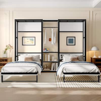Twin & Twin Murphy Bed, Heavy Duty Metal Double Murphy Bed Frame, Foldable Wall Platform Beds with Wardrobe and Charging Station