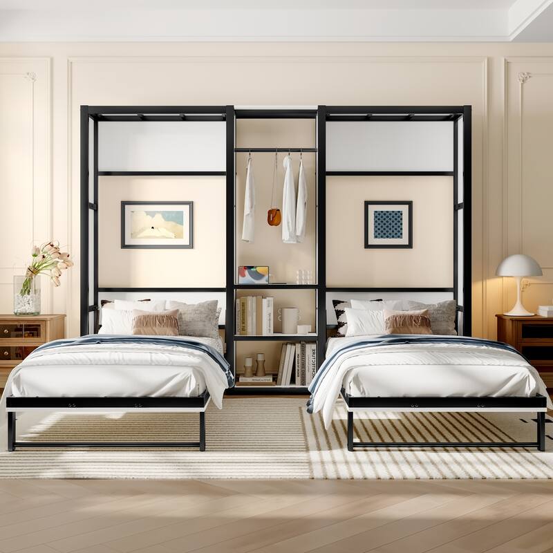 Twin Size Double Murphy Bed Wall Bed, Wooden Foldable Murphy Bed Frame with Wardrobe, Shelves and Charging Station