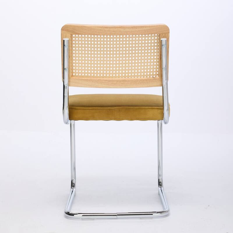 GDF Studio - Mid-Century Linen Dining Chairs with Natural Rattan Cane Back & Chrome Cantilever Base, Set of 2