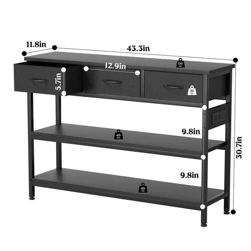 43.3" Console Table with 3 Fabric Drawers, Power Outlets & USB Ports