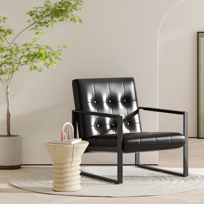 Mid-Century Style Faux Leather Accent Chair, Armchair with Steel Frame, Modern Single Sofa Chair for Living Room Bedroom Office