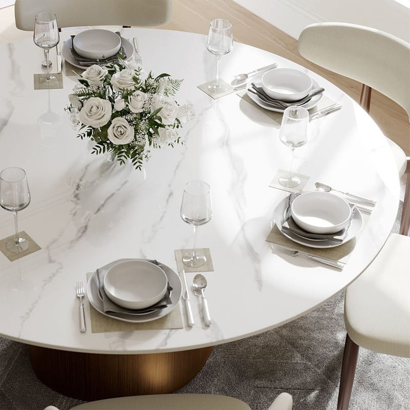 Modern Round Dining Table for Diningroom，White Glossy Stone Tabletop,Bronze Carbon Pedestal