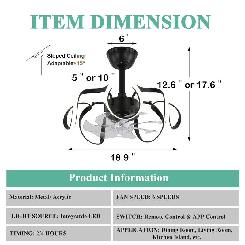 Cusp Barn 19 Inch Modern Ceiling Fan with Lights, 3 Color Dimable LED Light, 6 Speeds Reversible Bladeless Fandelier for Bedroom