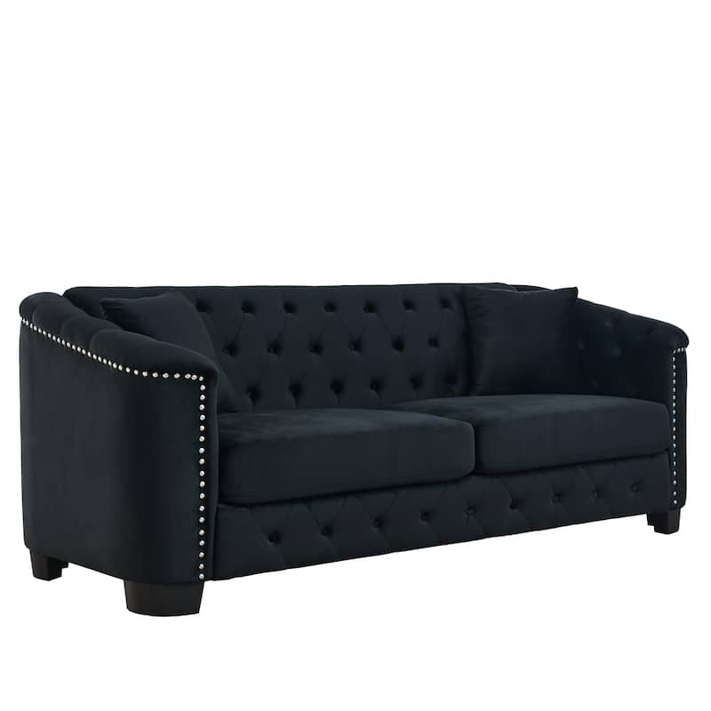 Black 77'' Modern Velvet 3-Seater Sofa with Tufted Backrests and Nailhead Trim