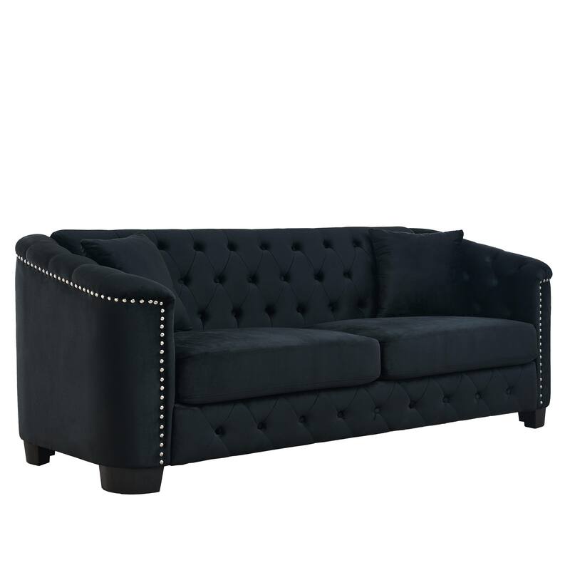 Chesterfield Velvet 3 Seater Sofa, Upholstered Sofa with Tufted Backrests, Lounge Sofa with Nailhead Arms & 2 Cushions